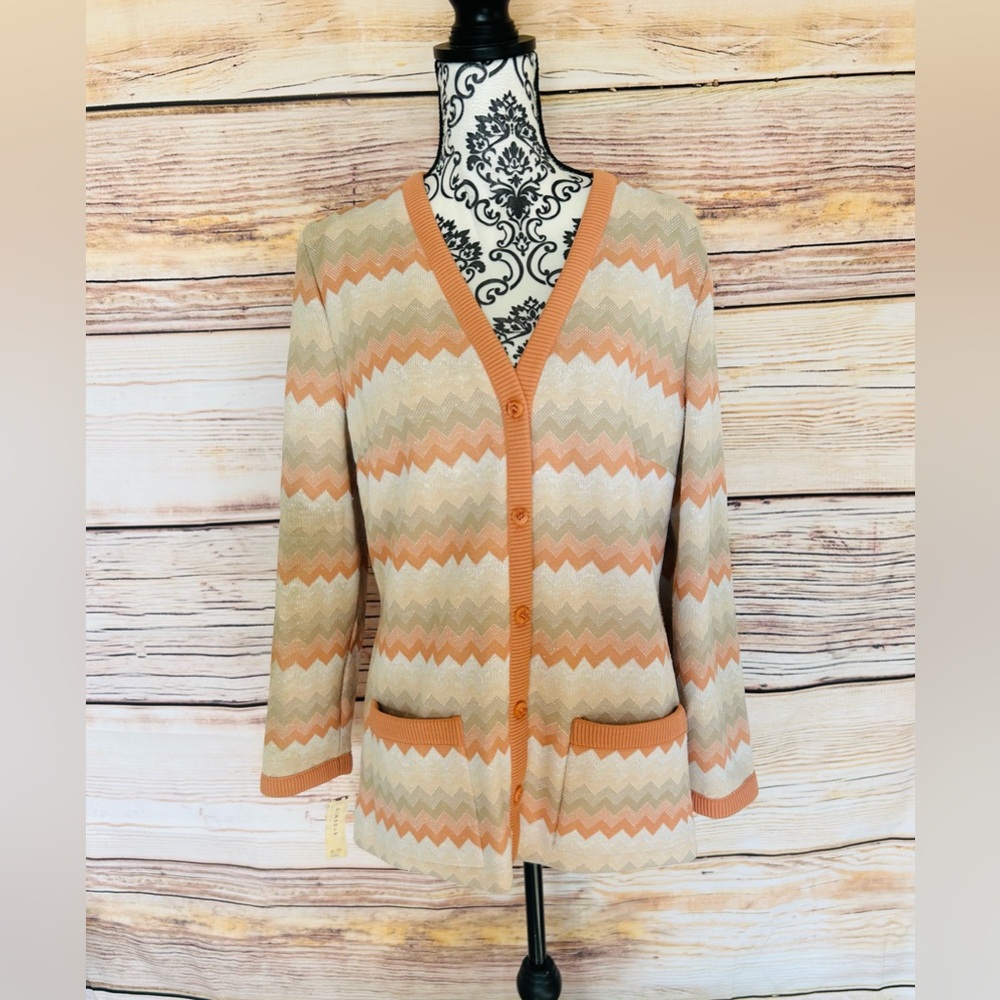 Butte Knit Vintage 60s 70s Women’s Orange Beige Chevron V-Neck Cardigan Sweater